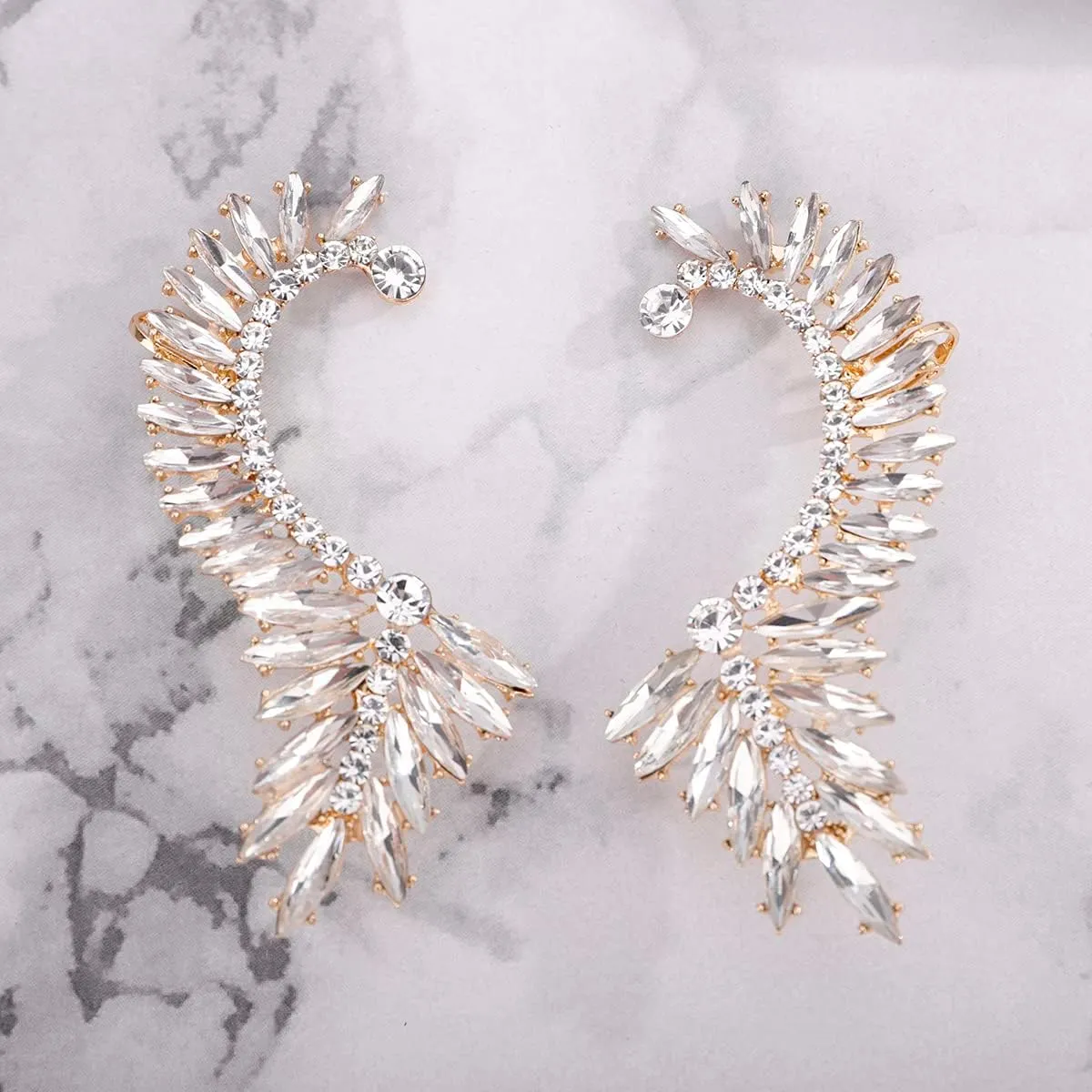 Xerling Statement Rhinestone Earrings Bridal Crystal Earrings for Prom Boho Climber Crawler Earrings for Women Clip-on Piercing Stud Earrings (White)