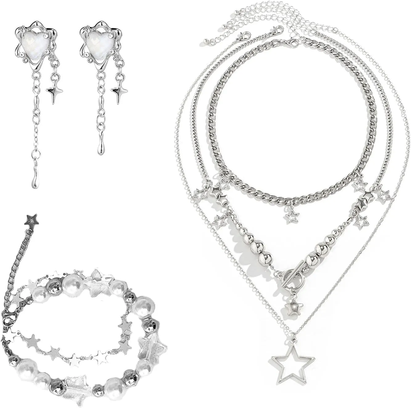 y2k Jewelry Set for Women,Silver Y2k Star Necklace,Bracelet and Earring,Cool Punk Hollowed Out Pentagram Grunge Jewelry Set,Star Pendant Necklace,Jewelry Gifts for Women