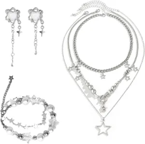 y2k Jewelry Set for Women,Silver Y2k Star Necklace,Bracelet and Earring,Cool Punk Hollowed Out Pentagram Grunge Jewelry Set,Star Pendant Necklace,Jewelry Gifts for Women