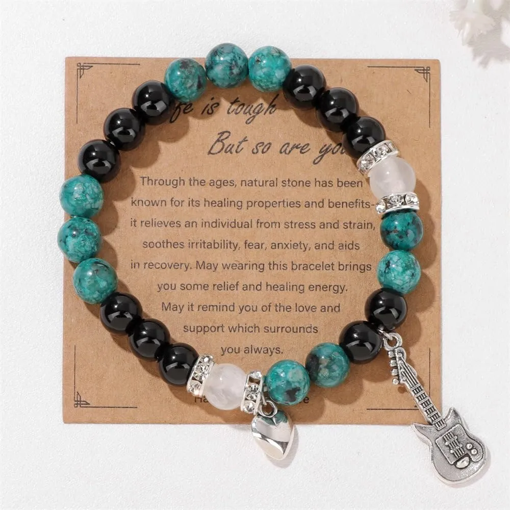 Y2K Natural Stone Beaded Guitar Bracelets Love Heart Healing Relaxation Chakra Stretch Bracelet Friendship Couple Bracelet for Women Men Mother's Day Graduation Birthday Teacher Appreciation Gifts