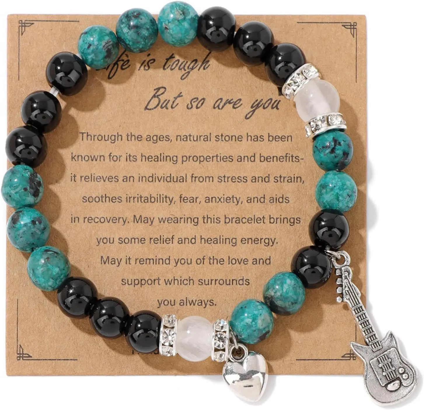Y2K Natural Stone Beaded Guitar Bracelets Love Heart Healing Relaxation Chakra Stretch Bracelet Friendship Couple Bracelet for Women Men Mother's Day Graduation Birthday Teacher Appreciation Gifts