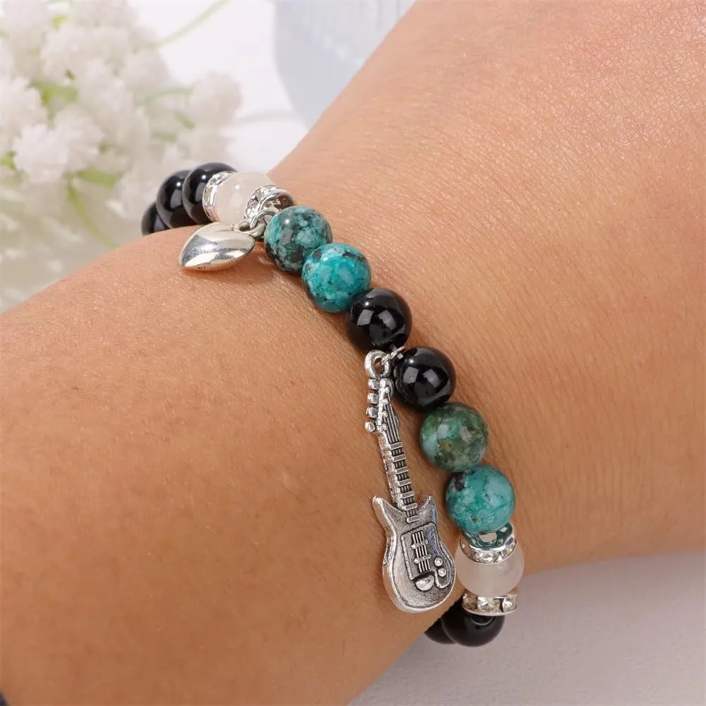 Y2K Natural Stone Beaded Guitar Bracelets Love Heart Healing Relaxation Chakra Stretch Bracelet Friendship Couple Bracelet for Women Men Mother's Day Graduation Birthday Teacher Appreciation Gifts