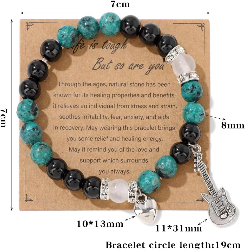 Y2K Natural Stone Beaded Guitar Bracelets Love Heart Healing Relaxation Chakra Stretch Bracelet Friendship Couple Bracelet for Women Men Mother's Day Graduation Birthday Teacher Appreciation Gifts