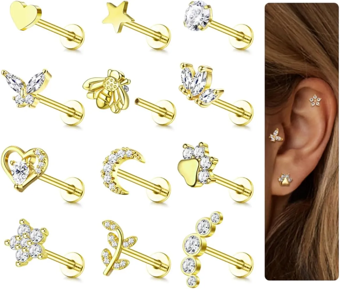 YADOCA 12Pcs 16G Tragus Earrings for Women Flat Back Cartilage Earring Stainless Steel Top Screw CZ Butterfly Bee Flower Moon Heart Flatback Stud Earrings Labret Conch Helix Cartilage Tragus Piercing Jewelry Set
