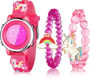 Yaomiao 3 Pieces Kids Unicorn Digital Sport Watches and Bracelets,7 Color Lights, Alarm, Stopwatch, 3D Waterproof Watch Gift for Girls 3-10 Years Old