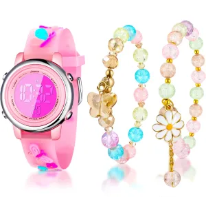 Yaomiao 3 Pieces Kids Unicorn Digital Sport Watches and Bracelets,7 Color Lights, Alarm, Stopwatch, 3D Waterproof Watch Gift for Girls 3-10 Years Old