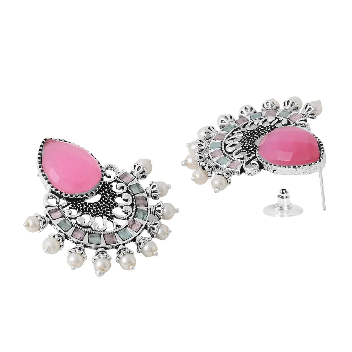 Yellow Chimes Earrings for Women and Girls Silver Oxidised Chandbali|Pink Stone Studded Chand Baliyan Earrings|Birthday Gift For girls and women Anniversary Gift for Wife