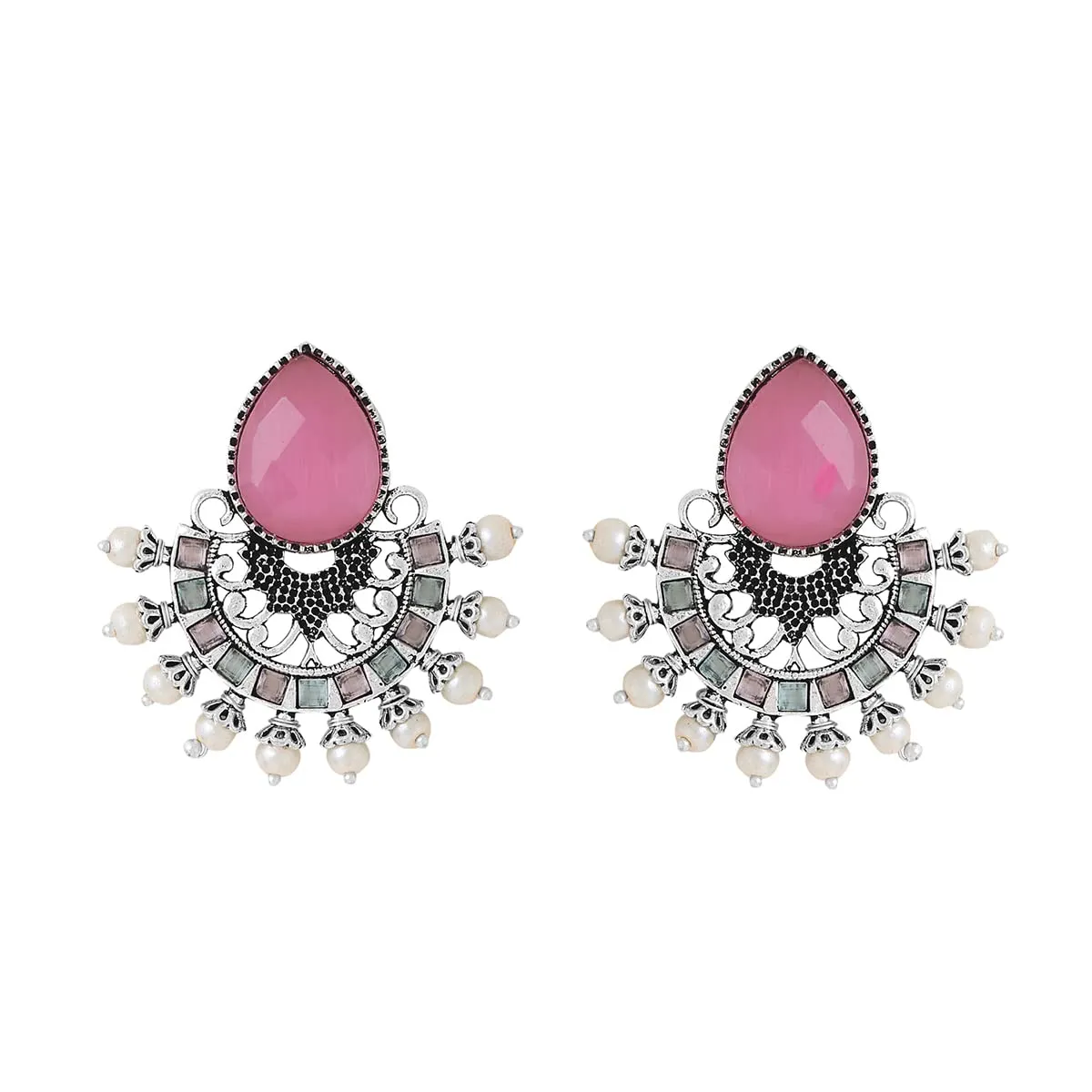 Yellow Chimes Earrings for Women and Girls Silver Oxidised Chandbali|Pink Stone Studded Chand Baliyan Earrings|Birthday Gift For girls and women Anniversary Gift for Wife