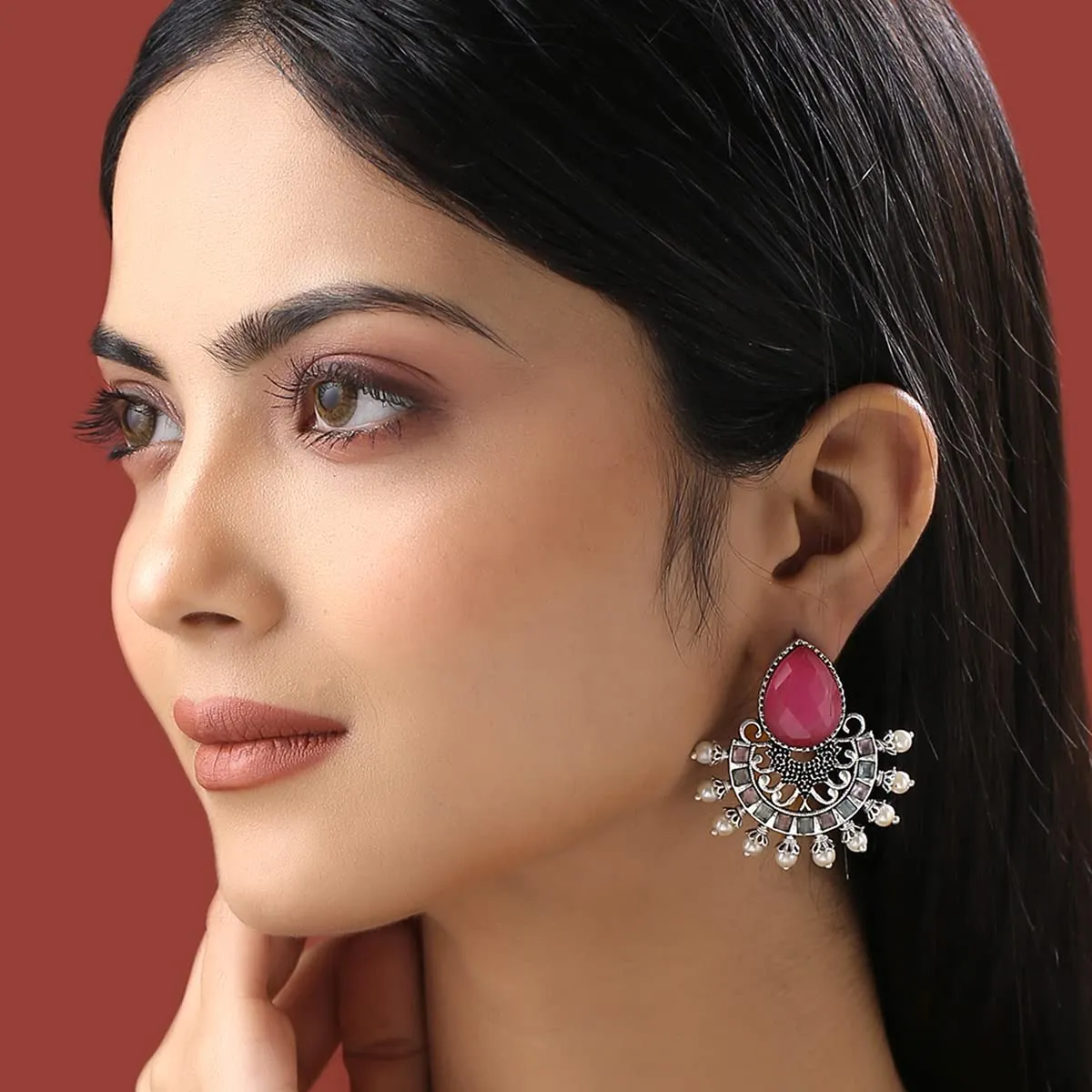Yellow Chimes Earrings for Women and Girls Silver Oxidised Chandbali|Pink Stone Studded Chand Baliyan Earrings|Birthday Gift For girls and women Anniversary Gift for Wife