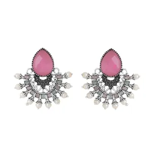Yellow Chimes Earrings for Women and Girls Silver Oxidised Chandbali|Pink Stone Studded Chand Baliyan Earrings|Birthday Gift For girls and women Anniversary Gift for Wife