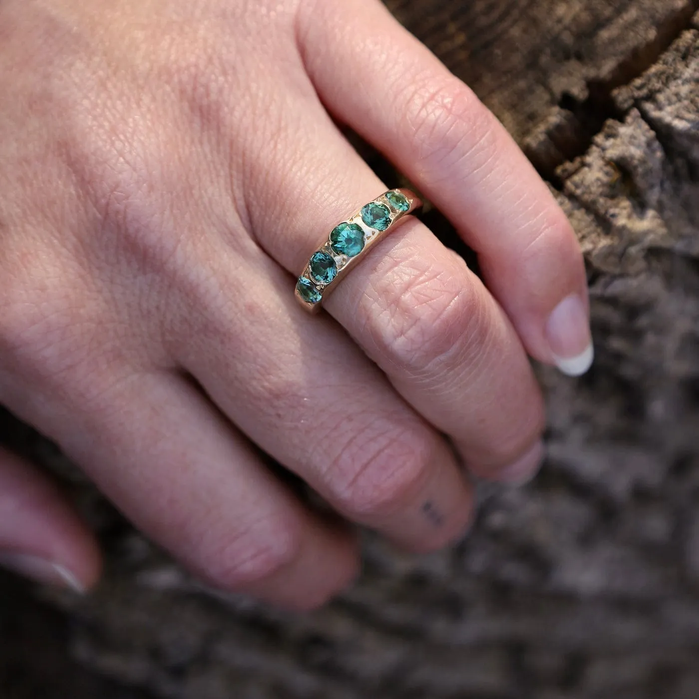 Yellow Gold 5 Stone Blue Green Tourmaline Band Ring