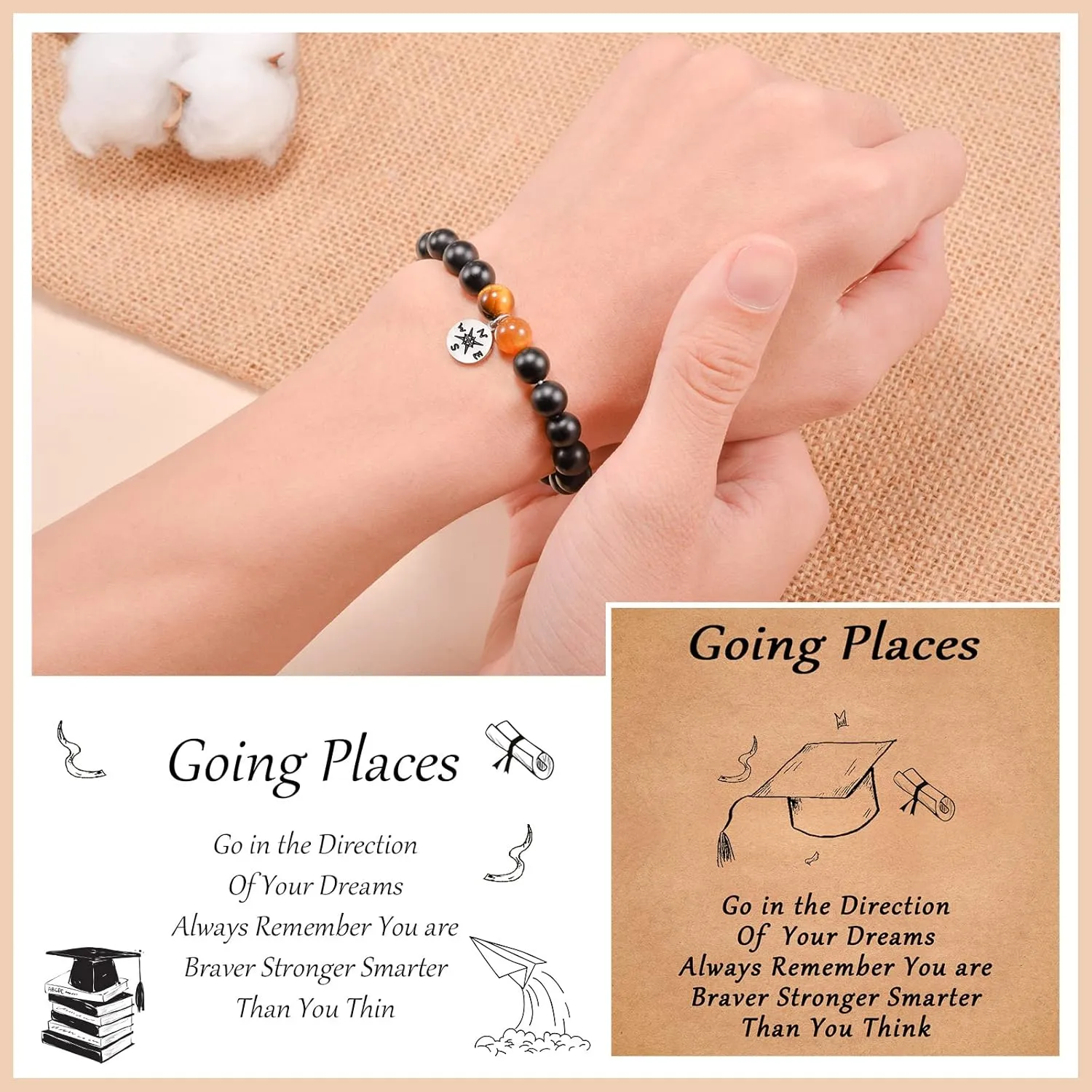YELUWA Graduation Gifts for Him/Her 2025, College High School Graduation Gifts, Natural Stone Compass/Heart Bracelets for Senior Class of 2025 Women Men Girl with Wish Card Jewelry Gift Box