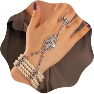 YERTTER Vintage 1920S Flapper Pearl Bracelet Silver Rhinestone Finger Ring Link Bracelet Stretch Adjustable Hand Chain for Wedding Brides