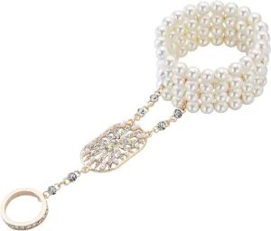 YERTTER Vintage Gold 1920s Flapper Bracelet Pearl Stretch Link Rhinestone Sun Charm Ring Bracelet Shiny Hand Chain Accessories for Weddindg Brides Party Adjustable Bracelet Women