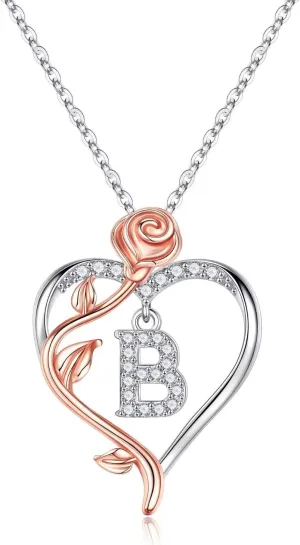 Yesteel Rose Heart Initial Necklaces Gifts for Women Teen Girls, Rose Love Heart Letter Pendant Necklace Jewelry Mothers Day Valentines Anniversary Birthday Gifts for Her Women Wife Girlfriend