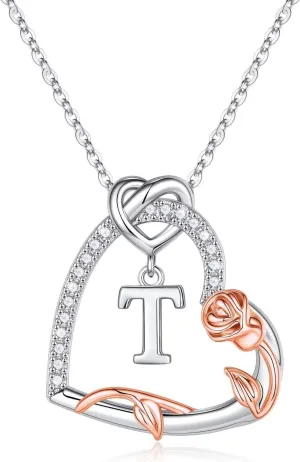 Yesteel Rose Heart Initial Necklaces Gifts for Women Teen Girls, Silver Plated Heart Initial Letter Pendant Necklace Jewelry Valentines Mothers Gifts for Her Girlfriend Wife Mom