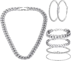 Yinkin 6 Pcs Link Chain jewelry sets for Woman with Rhinestone Necklace Bracelet Earrings Bling Diamond chunky Chain Jewelry