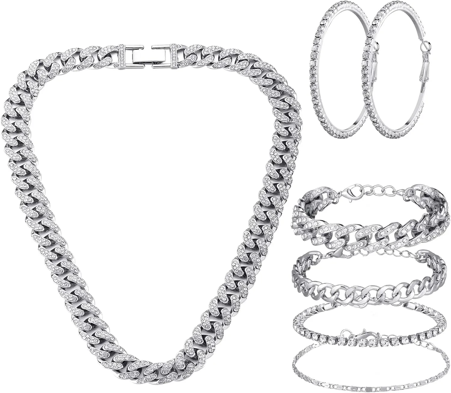 Yinkin 6 Pcs Link Chain jewelry sets for Woman with Rhinestone Necklace Bracelet Earrings Bling Diamond chunky Chain Jewelry