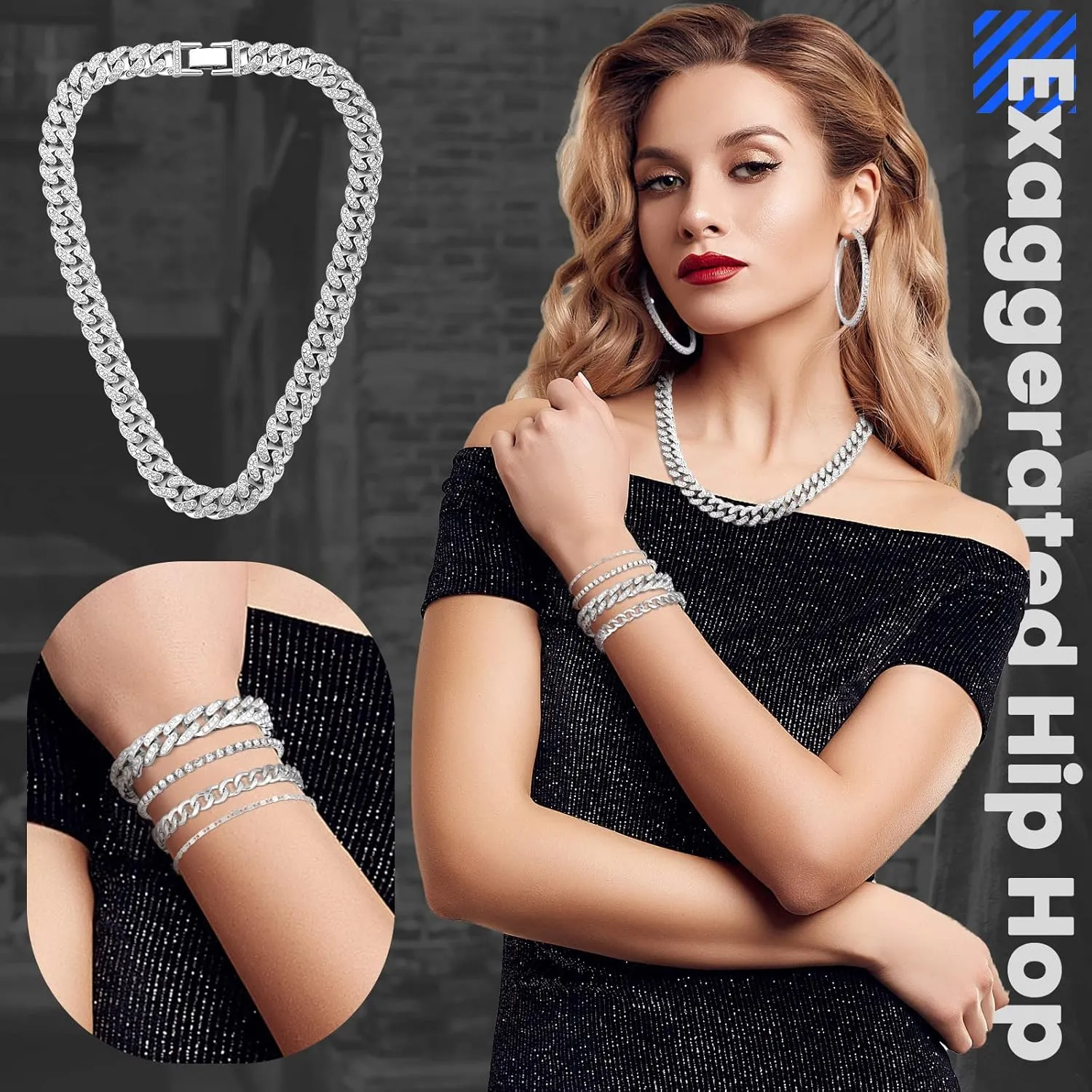 Yinkin 6 Pcs Link Chain jewelry sets for Woman with Rhinestone Necklace Bracelet Earrings Bling Diamond chunky Chain Jewelry