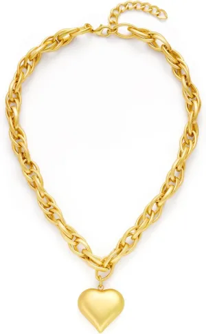 YUJIE Statement Matte Heart Pendant Necklace Vintage Brushed Gold Plated Puff Heart Choker Necklace Chunky Ball Chain Love Sweetheart