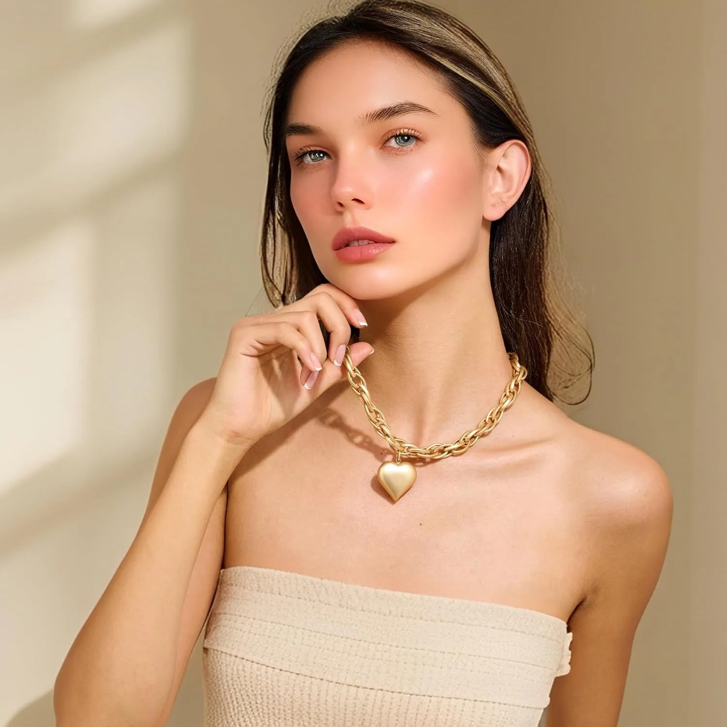 YUJIE Statement Matte Heart Pendant Necklace Vintage Brushed Gold Plated Puff Heart Choker Necklace Chunky Ball Chain Love Sweetheart
