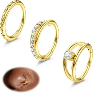 ZHDCC Nose Ring Hoop 3Pcs Surgical Steel Hoop Nose Rings 18G/20G Hinged CZ Nose Piercing Jewelry 14K Gold 8MM/10MM Septum Clicker Lip Rings Helix Rook Tragus Daith (16 gauge