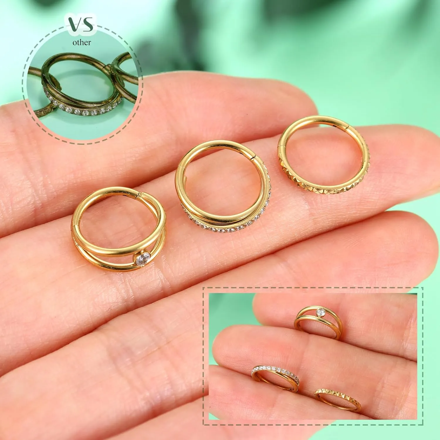 ZHDCC Nose Ring Hoop 3Pcs Surgical Steel Hoop Nose Rings 18G/20G Hinged CZ Nose Piercing Jewelry 14K Gold 8MM/10MM Septum Clicker Lip Rings Helix Rook Tragus Daith (16 gauge