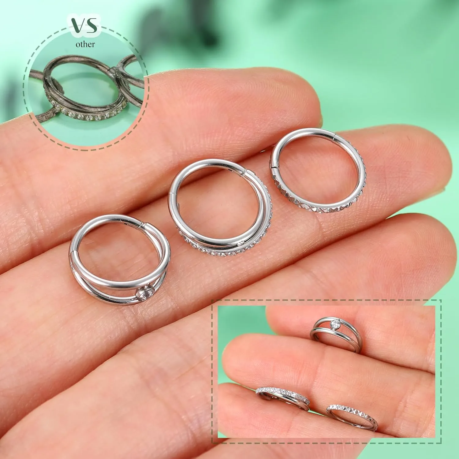 ZHDCC Nose Ring Hoop 3Pcs Surgical Steel Hoop Nose Rings 18G/20G Hinged CZ Nose Piercing Jewelry 14K Gold 8MM/10MM Septum Clicker Lip Rings Helix Rook Tragus Daith (16 gauge