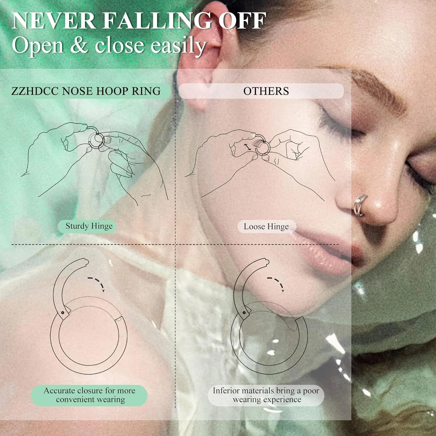 ZHDCC Nose Ring Hoop 3Pcs Surgical Steel Hoop Nose Rings 18G/20G Hinged CZ Nose Piercing Jewelry 14K Gold 8MM/10MM Septum Clicker Lip Rings Helix Rook Tragus Daith (16 gauge
