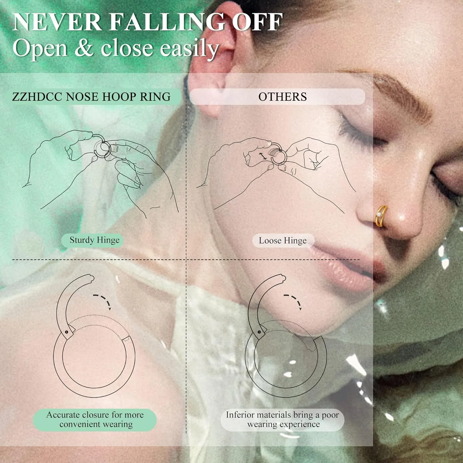 ZHDCC Nose Ring Hoop 3Pcs Surgical Steel Hoop Nose Rings 18G/20G Hinged CZ Nose Piercing Jewelry 14K Gold 8MM/10MM Septum Clicker Lip Rings Helix Rook Tragus Daith (16 gauge