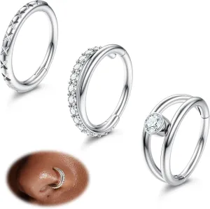 ZHDCC Nose Ring Hoop 3Pcs Surgical Steel Hoop Nose Rings 18G/20G Hinged CZ Nose Piercing Jewelry 14K Gold 8MM/10MM Septum Clicker Lip Rings Helix Rook Tragus Daith (16 gauge