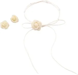 Zian Denim Camellia Choker Beaded Lace-Up Necklace Earrings Set Floral Choker Y2k Necklace Waist Chain Bracelet Vintage Jewelry