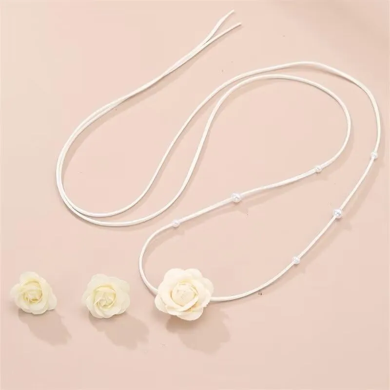 Zian Denim Camellia Choker Beaded Lace-Up Necklace Earrings Set Floral Choker Y2k Necklace Waist Chain Bracelet Vintage Jewelry
