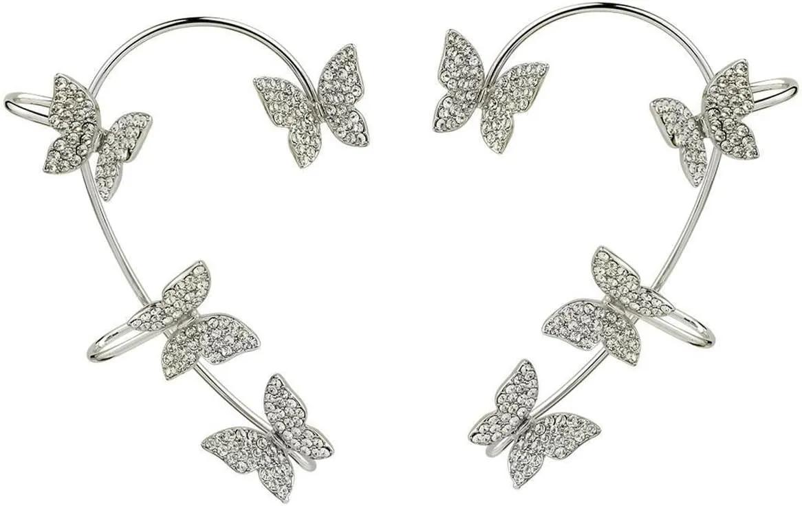 Zircon Butterfly Earrings for Women 1Pairs No Piercing Butterfly Ear Cuff Wrap Crawler Earrings,Shiny Ear Cuff Butterfly Earrings Crystal Butterfly Tassel Zircon Earrings