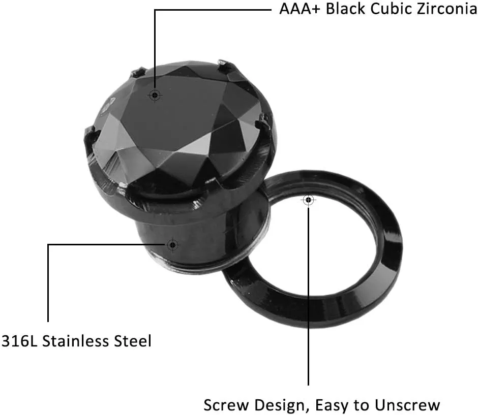 ZS Black CZ Stone Ear Gauges Stainless Steel Screw Plugs Tunnel Ear Expander Stretcher Piercing