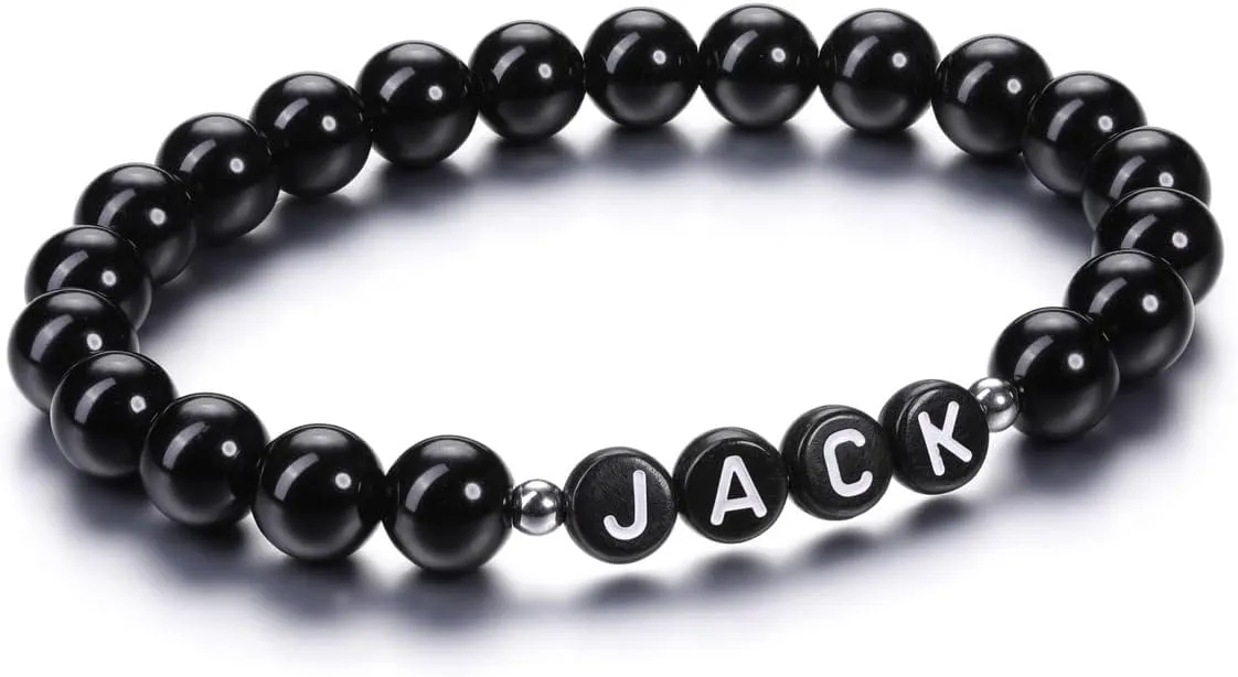 Zysta Personalized Beads Bracelets for Men Customized Gemstone Beads Bracelet with Name Text Custom Initial Chakra Stone Stretch Bracelet Custom ID Family Names Jewelry for Men Women