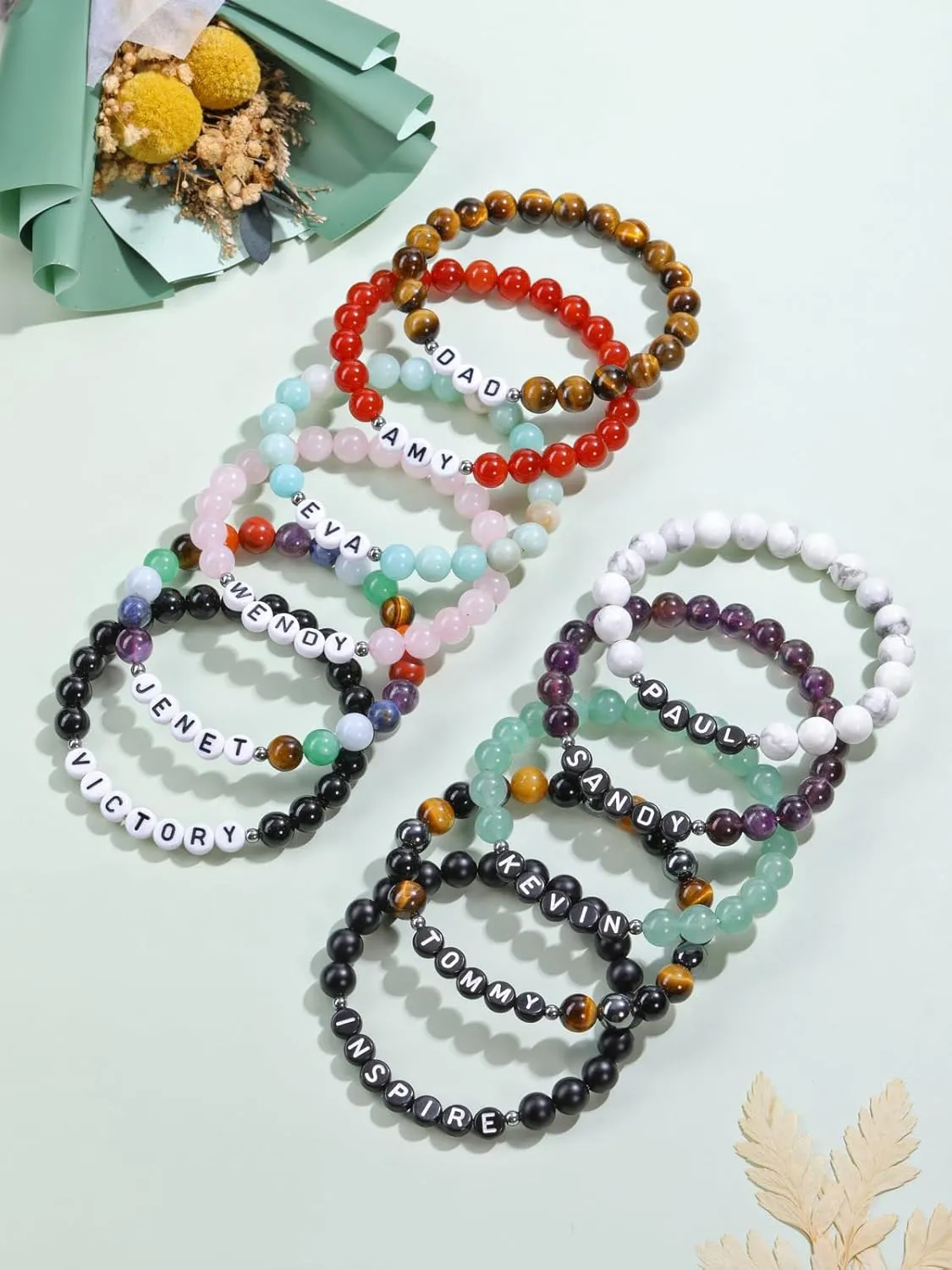 Zysta Personalized Beads Bracelets for Men Customized Gemstone Beads Bracelet with Name Text Custom Initial Chakra Stone Stretch Bracelet Custom ID Family Names Jewelry for Men Women