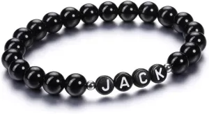 Zysta Personalized Beads Bracelets for Men Customized Gemstone Beads Bracelet with Name Text Custom Initial Chakra Stone Stretch Bracelet Custom ID Family Names Jewelry for Men Women